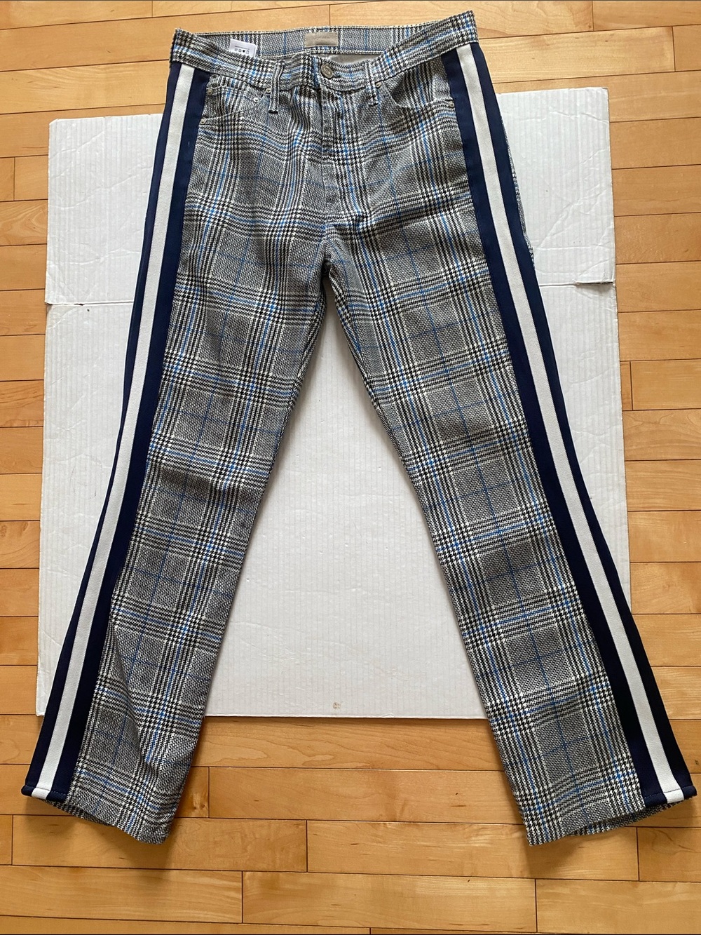 MOTHER Grey/blue Plaid slim fit Pants w Navy & Cream Side Stripe Cropped Size 28